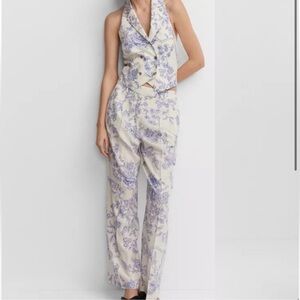 Jason Wu Wide Leg Pleated White Blue Floral Linen Pants & Halter Top Set Size 8